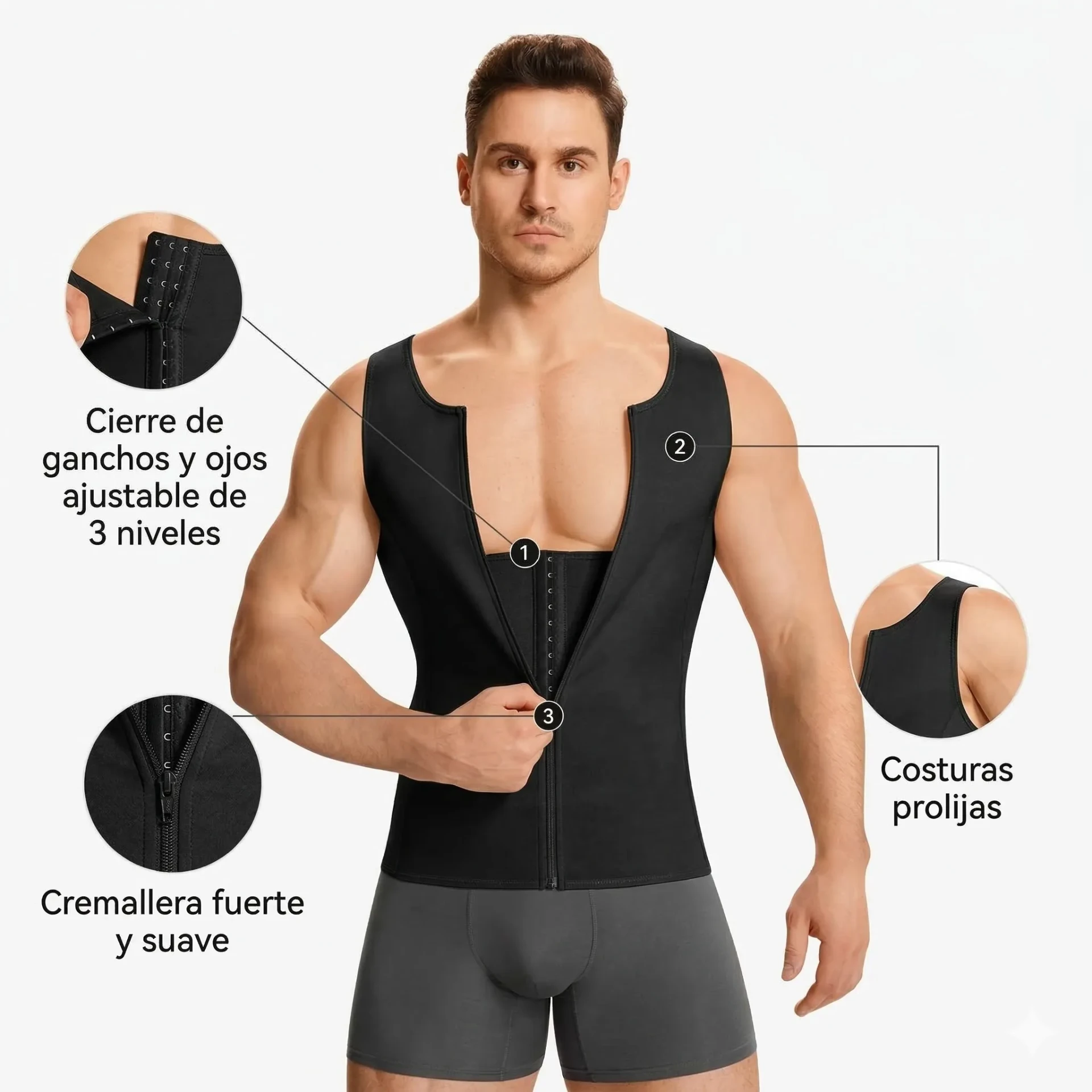 Chaleco de compresión negra para hombre con cremallera y ganchos ajustables