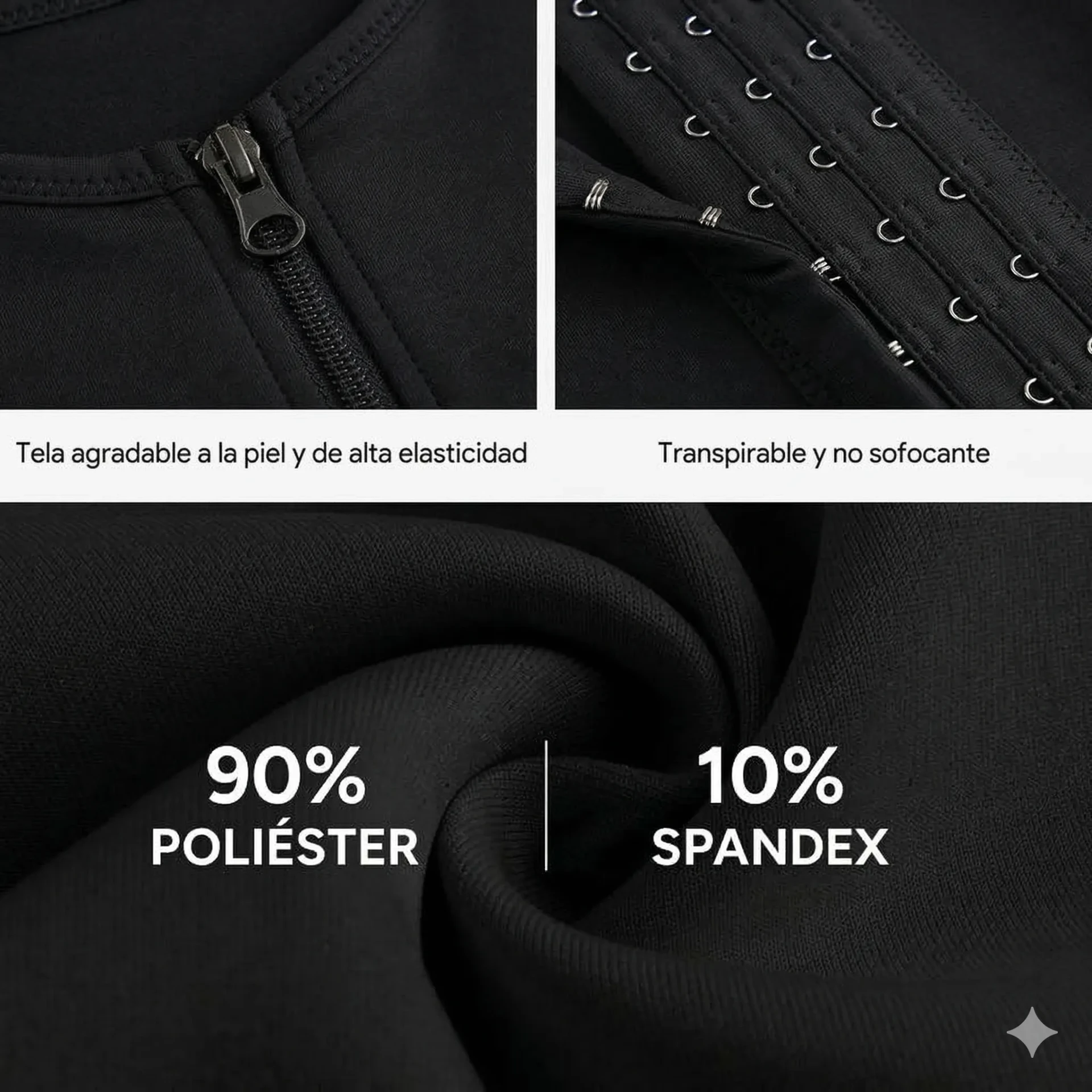 Detalle de la cremallera, los ganchos y la tela 90% poliéster y 10% spandex