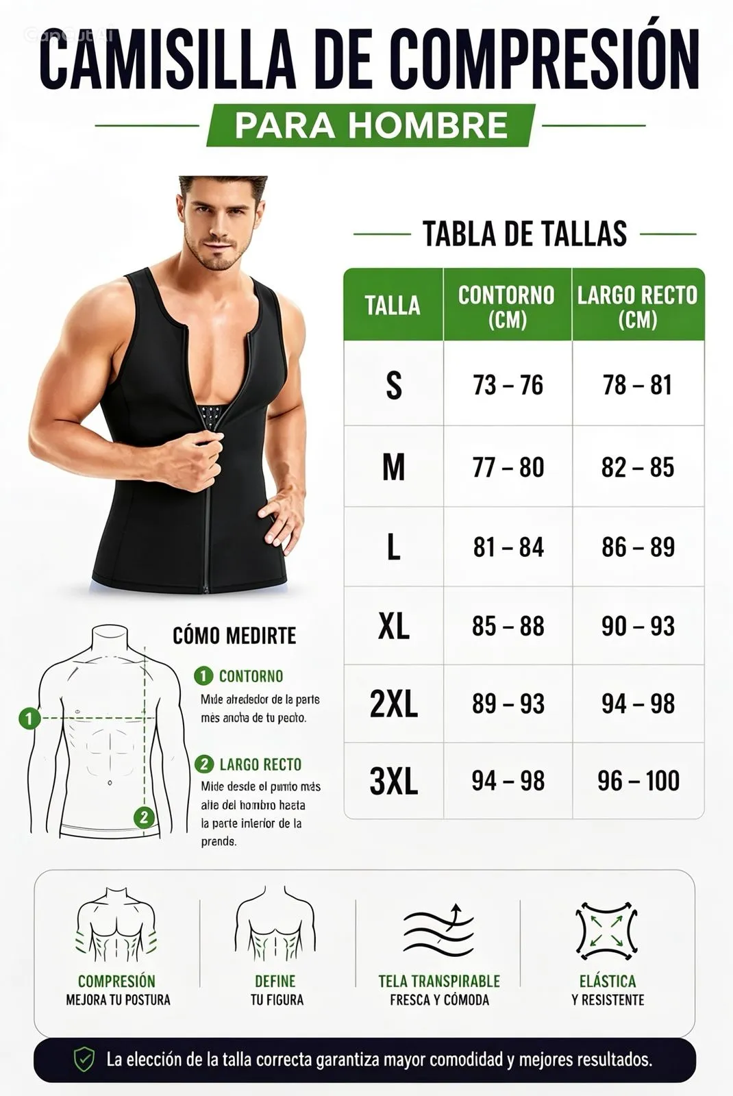 Tabla de tallas de la chaleco de compresión para hombre con medidas de contorno y largo recto